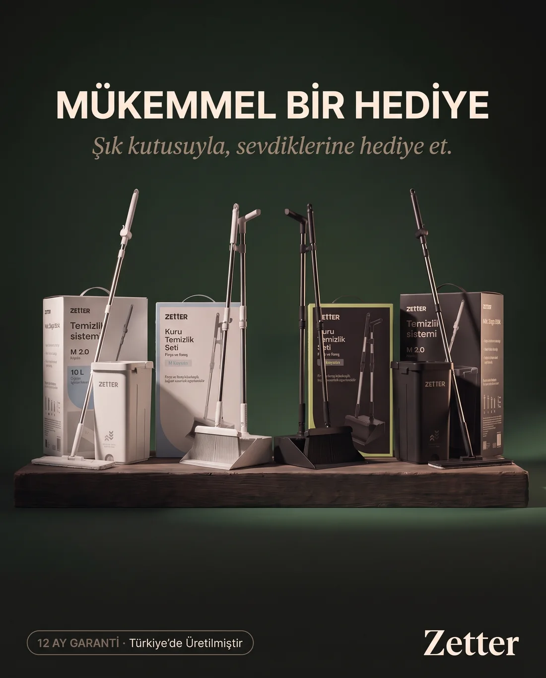 Zetter temizlik seti — beyaz ve siyah sistem, süpürge faraş, şık hediye kutusuyla